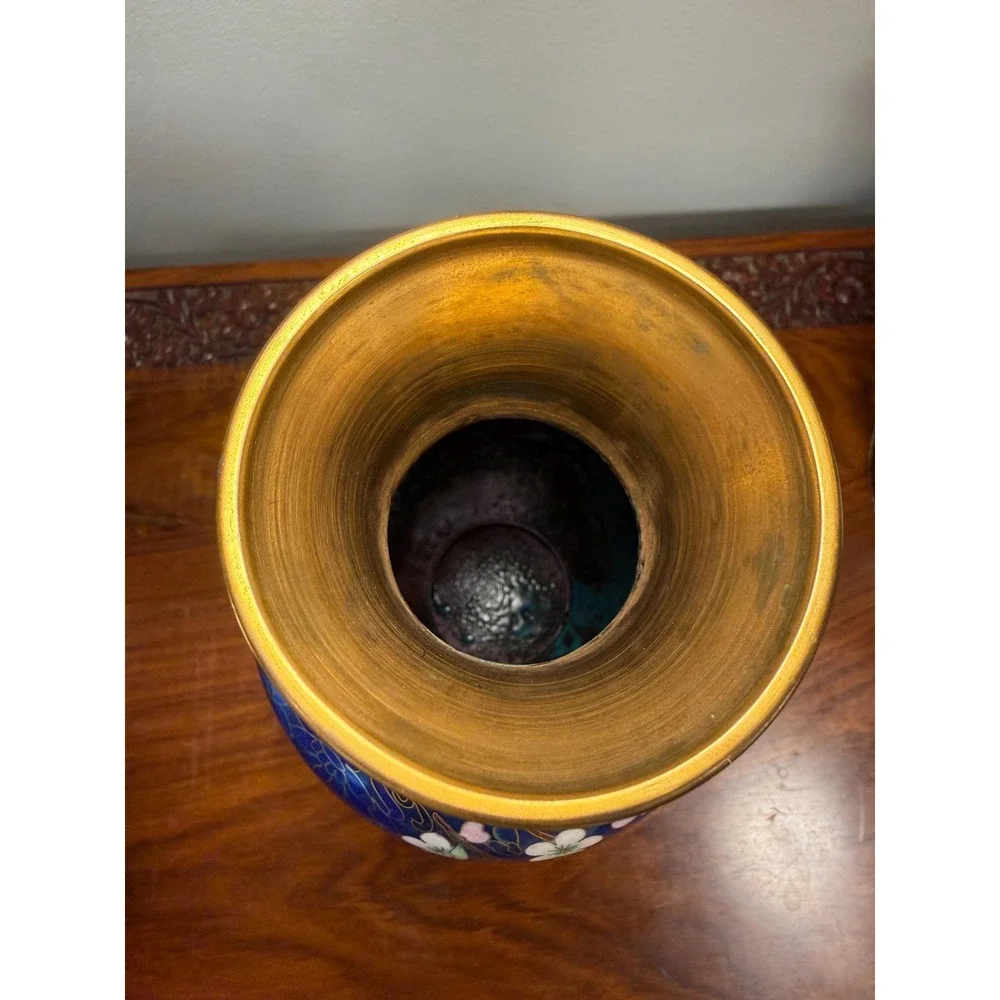 Vintage Cloisonné Vase with Carved Wood Stand